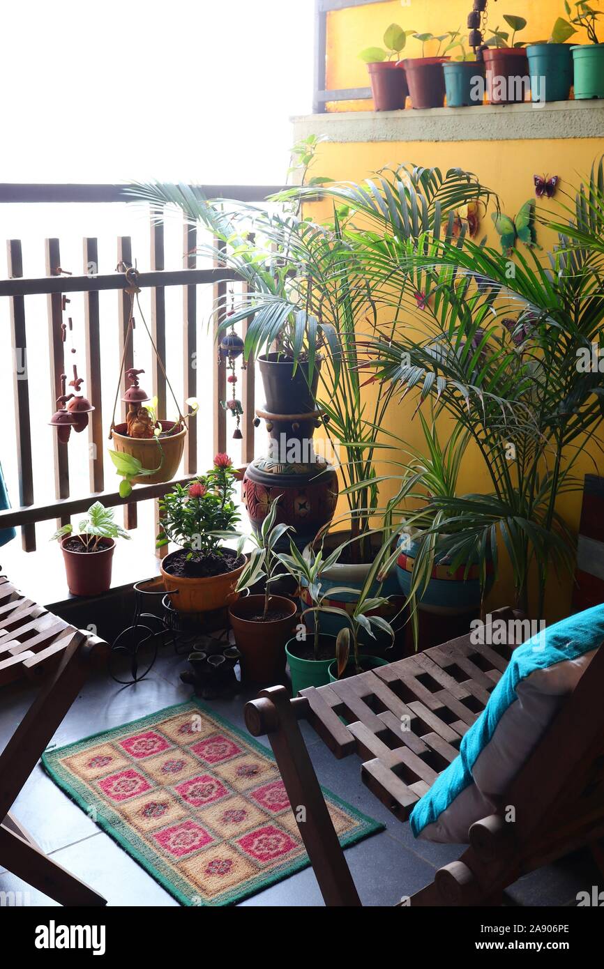 Apartment balcony garden/balcony decor/India/Lifestyle Stock Photo