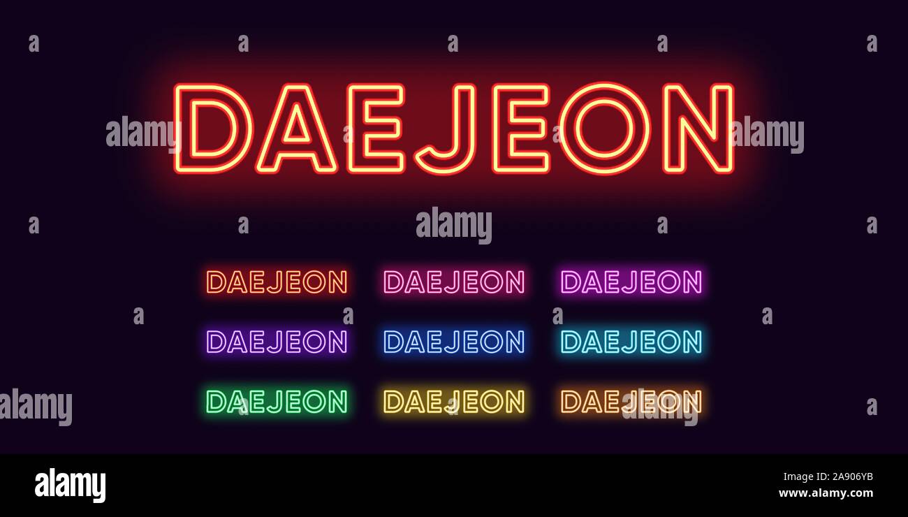 Neon Daejeon name, City in South Korea. Neon text of Daejeon city. Vector set of glowing Headlines with transparent backlight. Red pink purple, violet Stock Vector