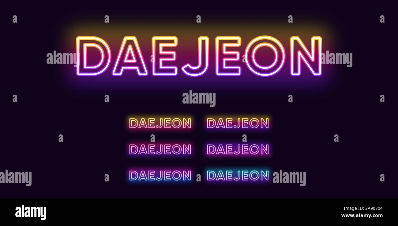 Neon Daejeon name, City in South Korea. Neon text of Daejeon city. Vector set of glowing Headlines with transparent backlight. Bright Gradient colors Stock Vector