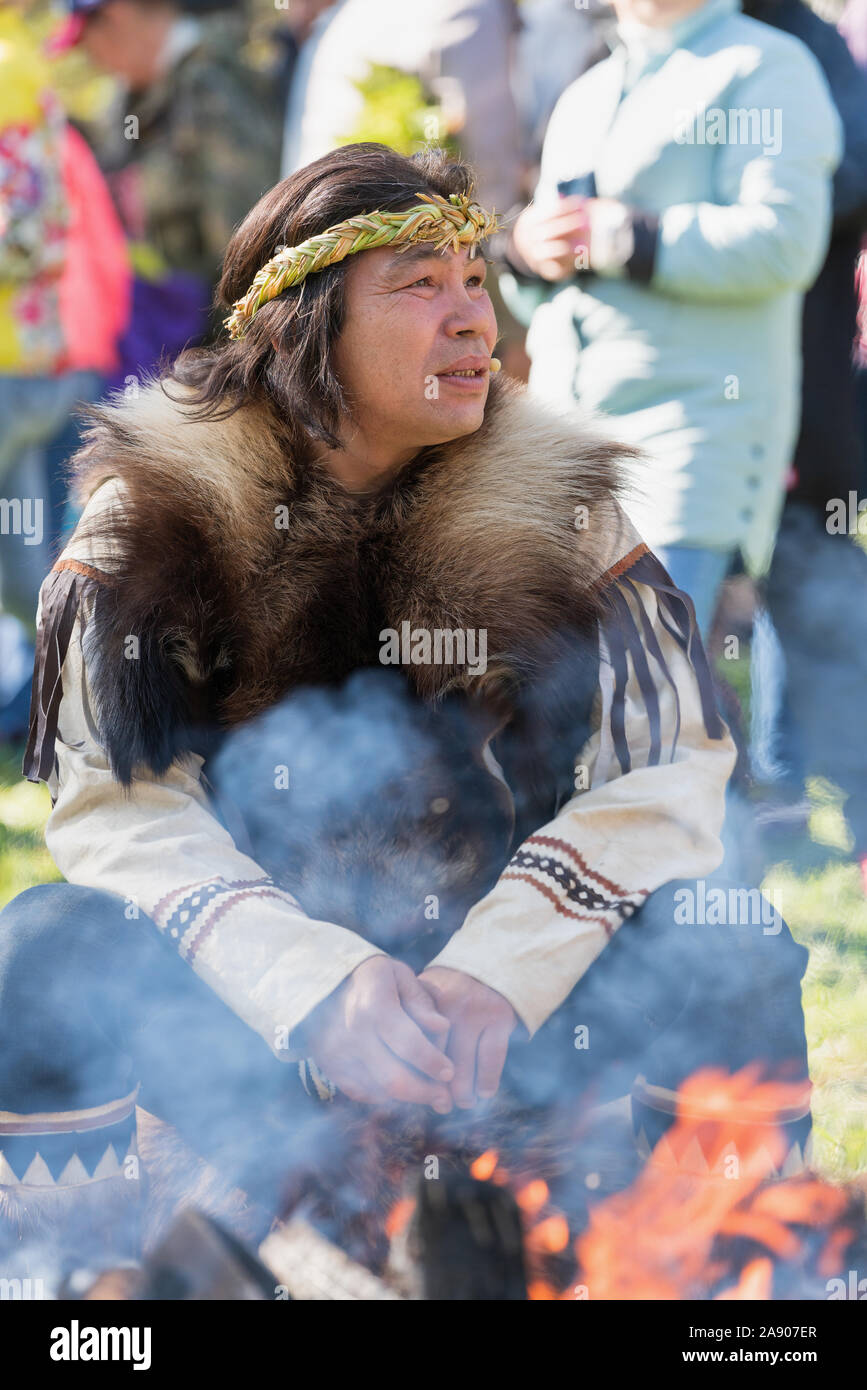 Itelmen shaman in traditional clothing aboriginal Kamchatka Peninsula