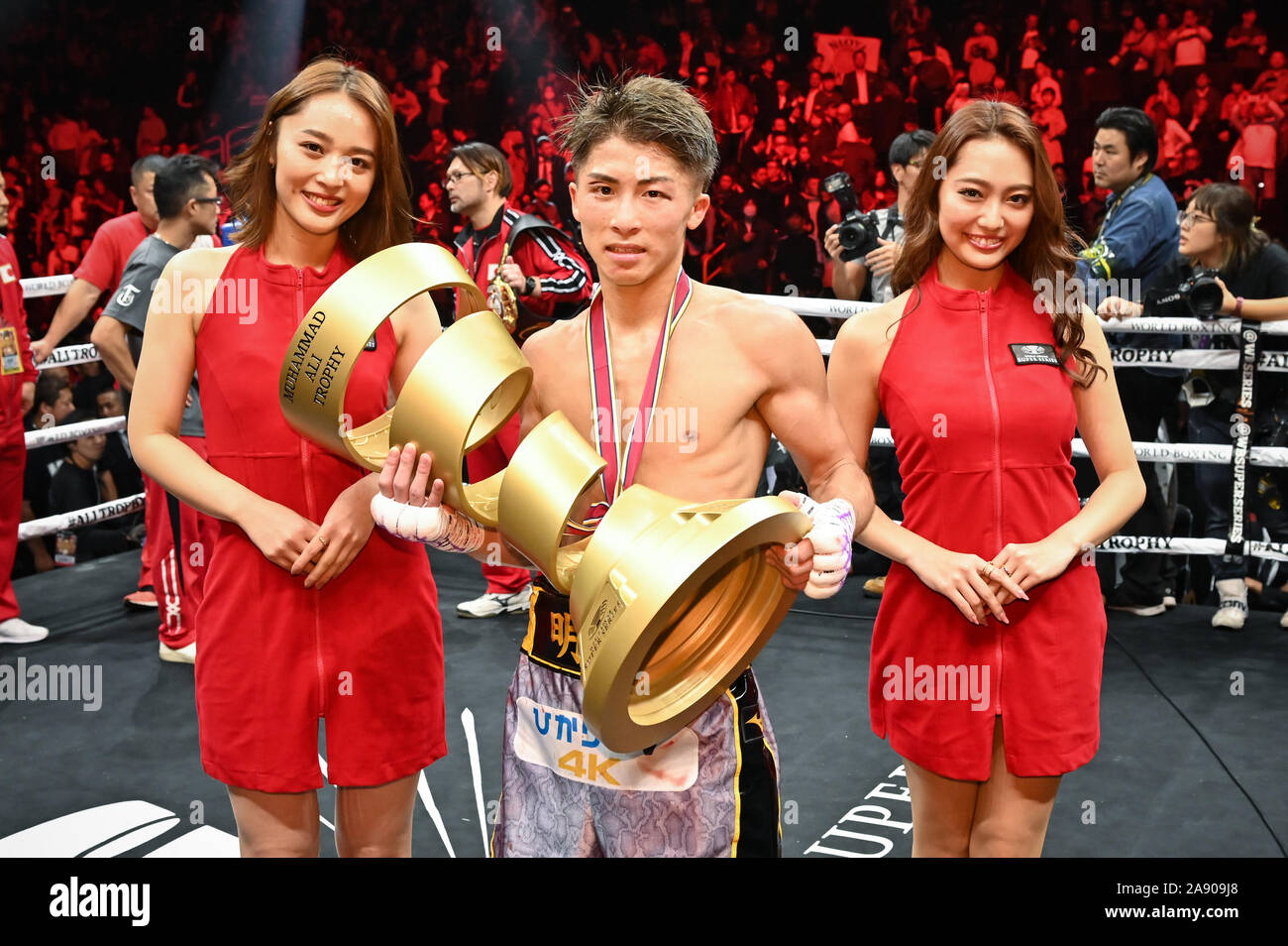 Naoya Inoue of Japan poses with the Muhammad Ali Trophy after winning the  World Boxing Super Series bantamweight final match against Nonito Donaire  of Philippines at Saitama Super Arena in Saitama, Japan