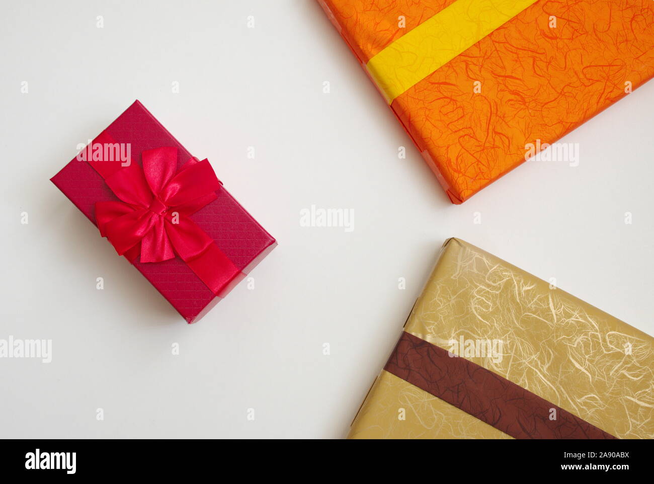 Presents for holiday concept - gift boxes on white background Stock Photo