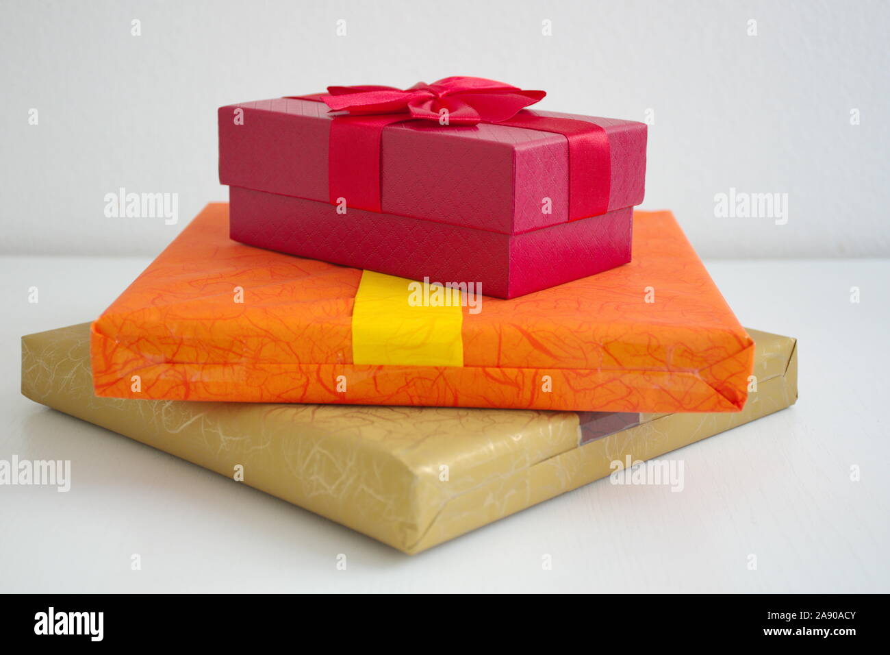 Presents for holiday concept - gift boxes on white background Stock Photo