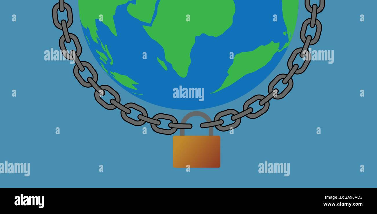 Earth globe with chain and padlock on blue background Stock Vector