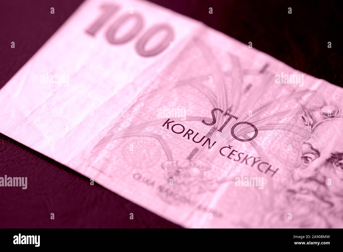 Fragment of a Czech banknote in one hundred crowns closeup. Money ...