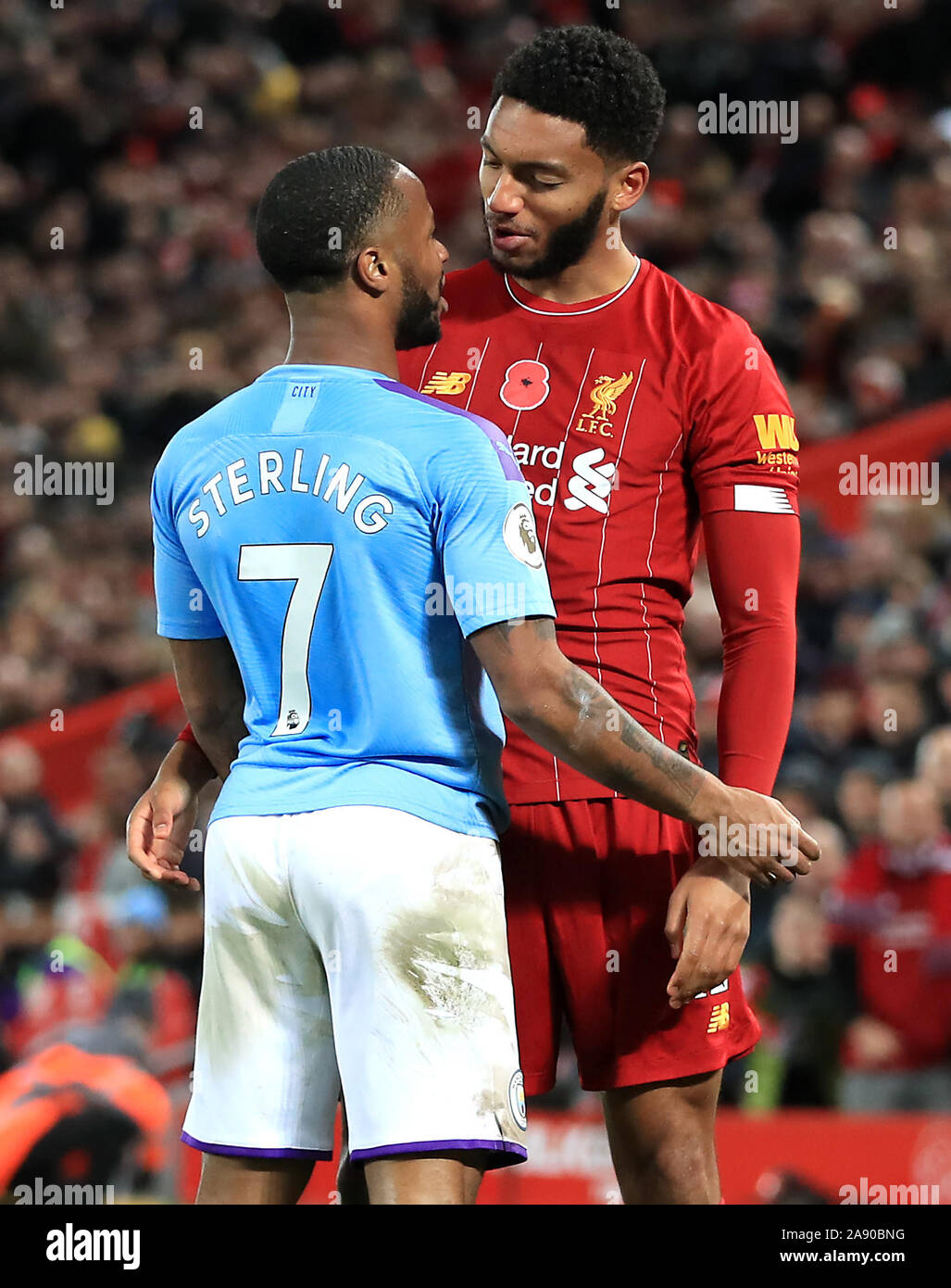File photo dated 10-11-2019 of Liverpool's Joe Gomez (right) and Manchester City's Raheem Sterling clash during the Premier League match at Anfield, Liverpool. Stock Photo