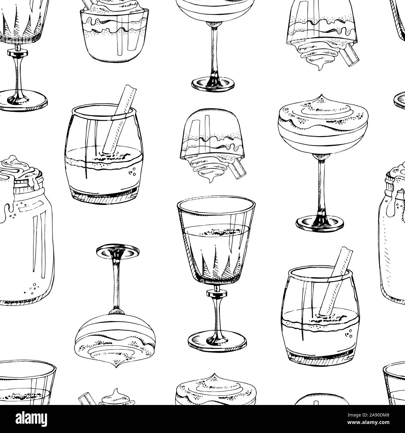 Vector illustration. Hand drawn seamless pattern with hot winter drinks ...