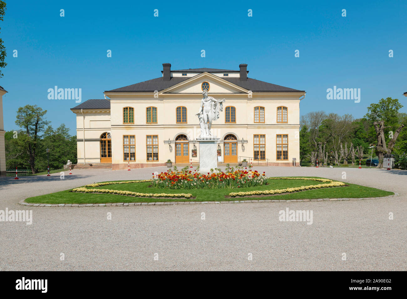 Drottningholm theatre, view in summer of the entrance to the Drottningholms Slottsteater (Palace Theatre) sited next to Drottningholm Palace, Sweden. Stock Photo