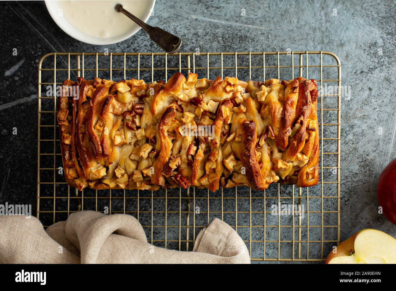 Apple pecan pull apart bread with cream cheese frosting Stock Photo
