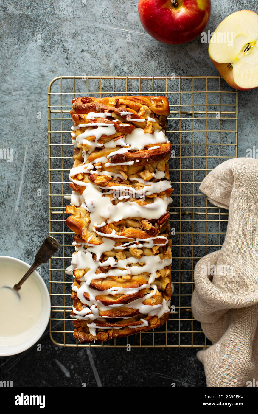 Apple pecan pull apart bread with cream cheese frosting Stock Photo