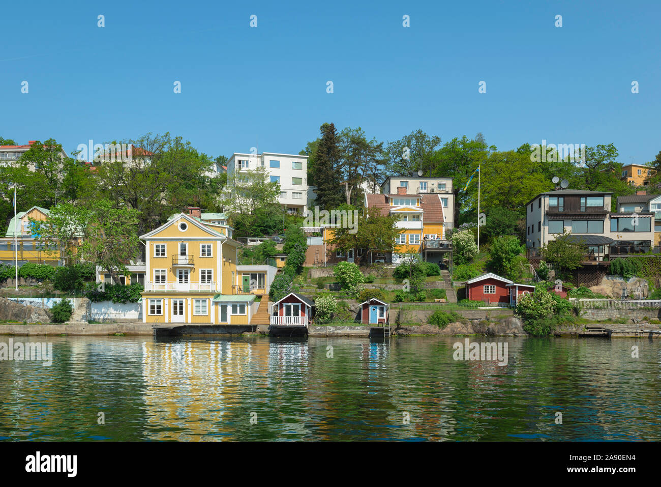 Stockholm waterfront, view of colorful waterside buildings on the island of Stora Essingen along Lake Malaren in east Stockholm, Sweden. Stock Photo