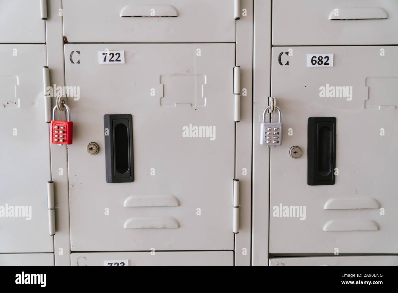 Line of lockers with the lock in the hallway of campus in primary school Stock Photo
