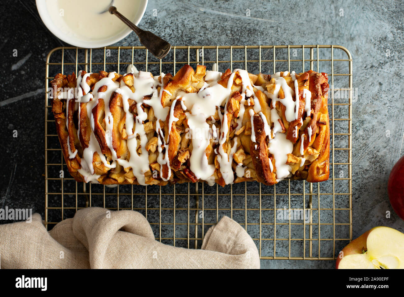 Apple pecan pull apart bread with cream cheese frosting Stock Photo