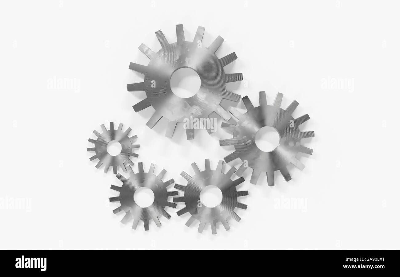 Five metal gears on plain background 3d render illustration Stock Photo
