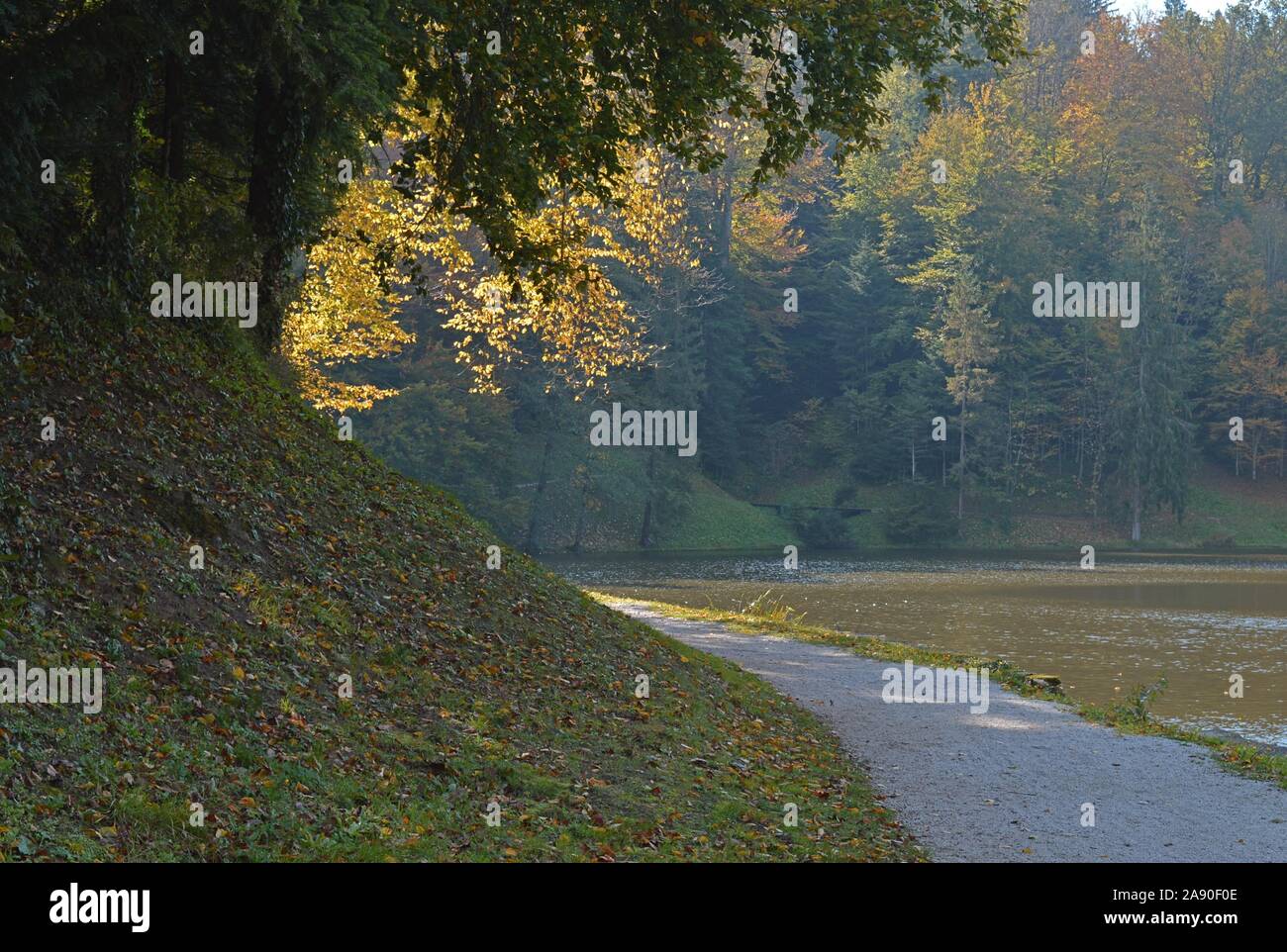 Walking trail by Lake Trakošćan on a sunny autumn day Stock Photo