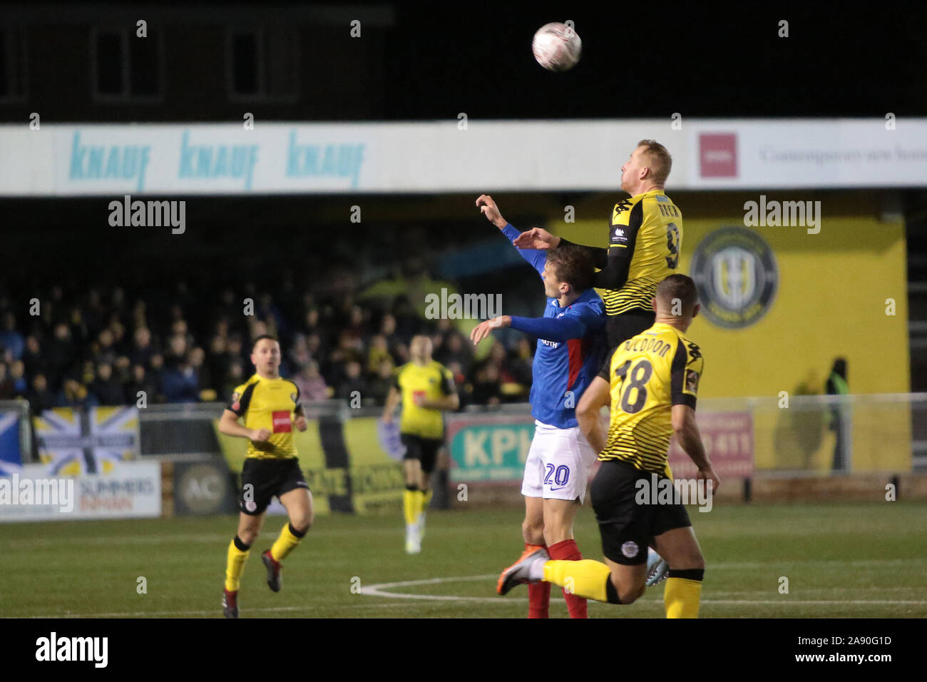 HARROGATE, ENGLAND - NOVEMBER 11TH Mark Beck of Harrogate Town leaps highest to win the ball during the FA Cup 1st round match between Harrogate Town and Portsmouth at Wetherby Road, Harrogate on Monday 11th November 2019. (Credit: Harry Cook | MI News) Photograph may only be used for newspaper and/or magazine editorial purposes, license required for commercial use Credit: MI News & Sport /Alamy Live News Stock Photo