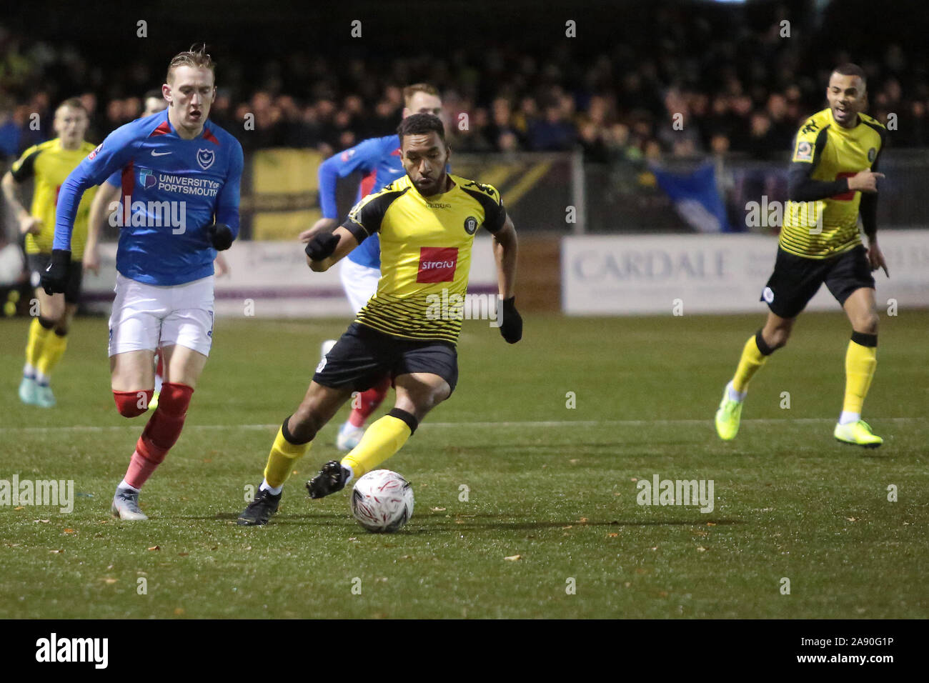 HARROGATE, ENGLAND - NOVEMBER 11TH Brendan Kiernan of Harrogate Town breaks down the wing during the FA Cup 1st round match between Harrogate Town and Portsmouth at Wetherby Road, Harrogate on Monday 11th November 2019. (Credit: Harry Cook | MI News) Photograph may only be used for newspaper and/or magazine editorial purposes, license required for commercial use Credit: MI News & Sport /Alamy Live News Stock Photo