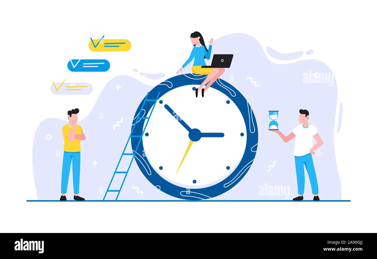 Tiny people characters working together teamwork and time management ...