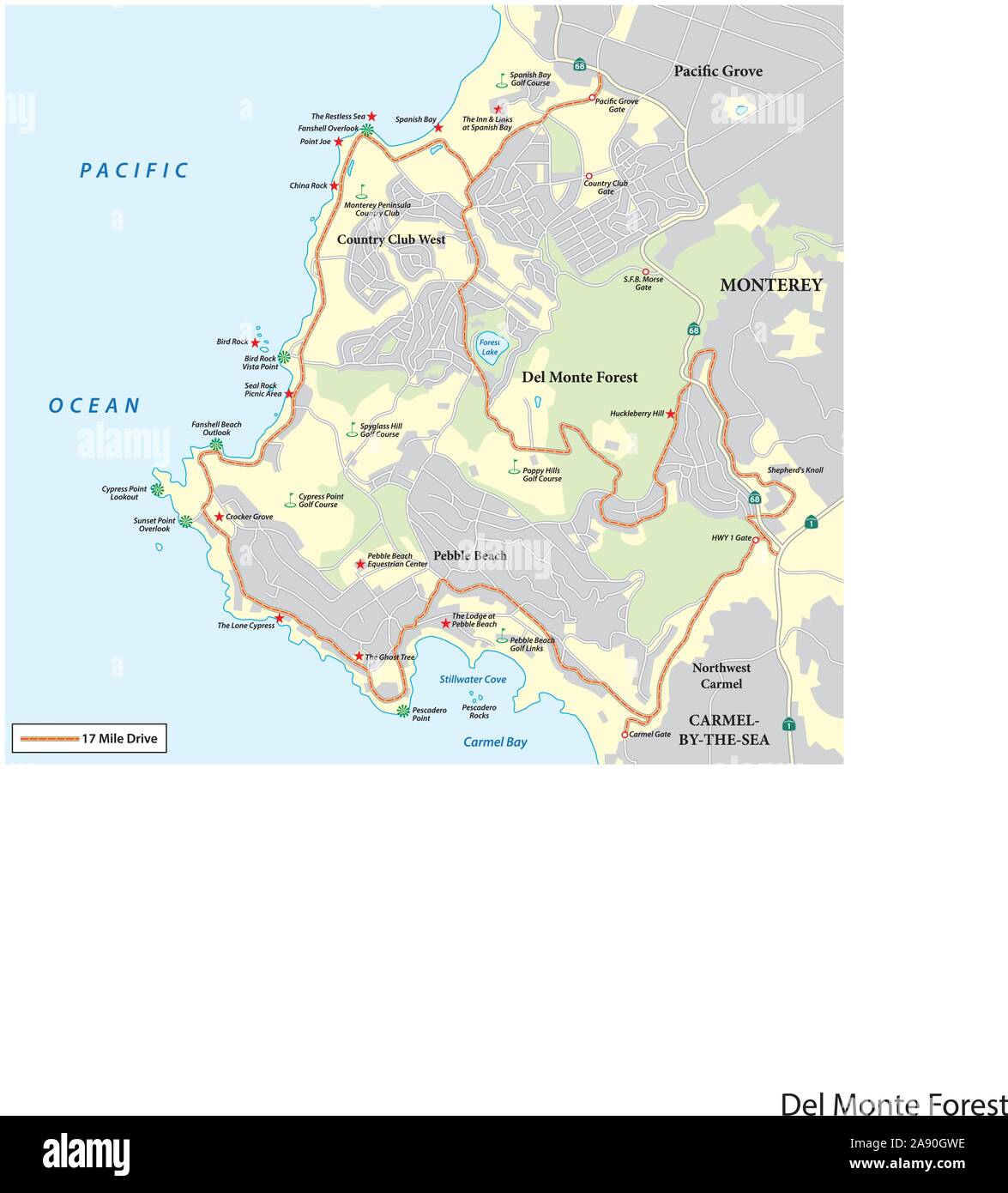 Map of Seventeen Mile Drive a scenic road through Pebble Beach and Pacific Grove on the Monterey Peninsula in California Stock Vector