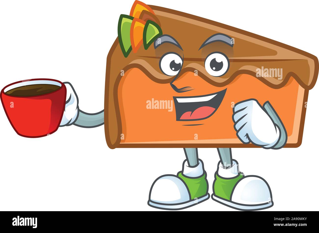 Dessert Slice Cake Cartoon Character Mascot Drinking In Cup Stock