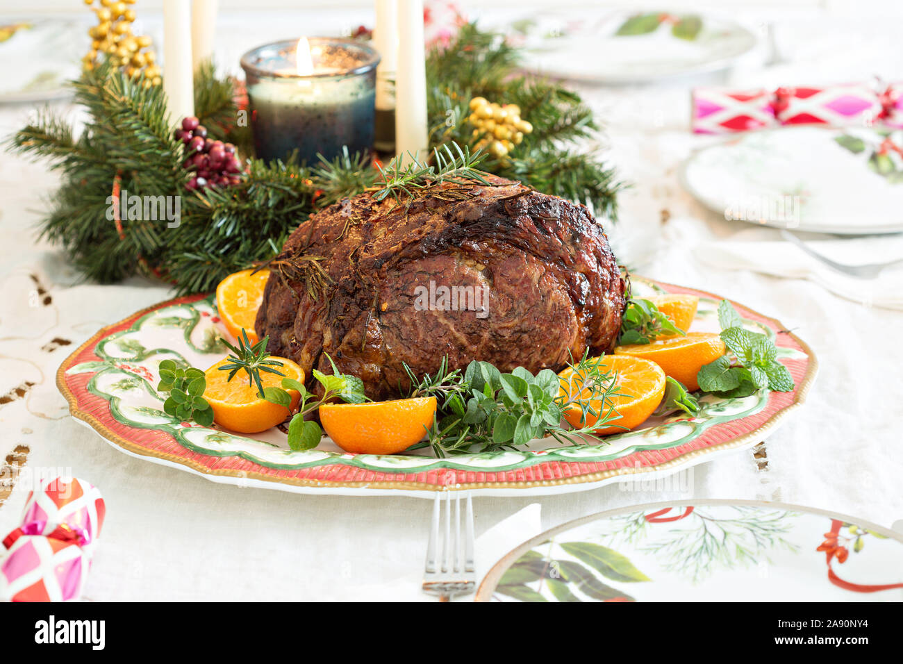 Holiday Christmas prime rib beef roast on the table Stock Photo Alamy