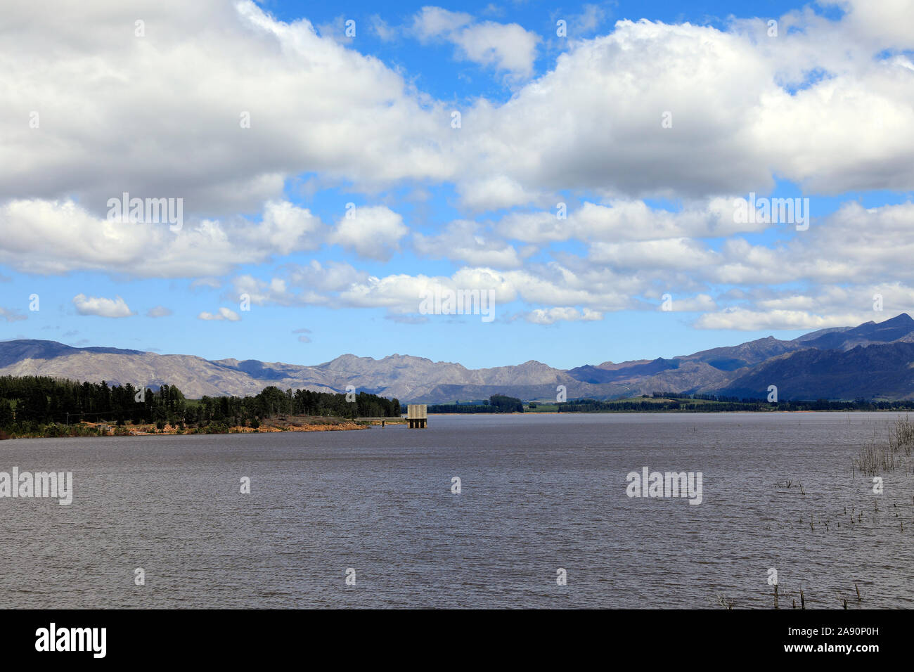 The Theewaterskloof dam near Villiersdorp in the Western Cape Province of South Africa showing recovery of the water level after the recent drought. Stock Photo