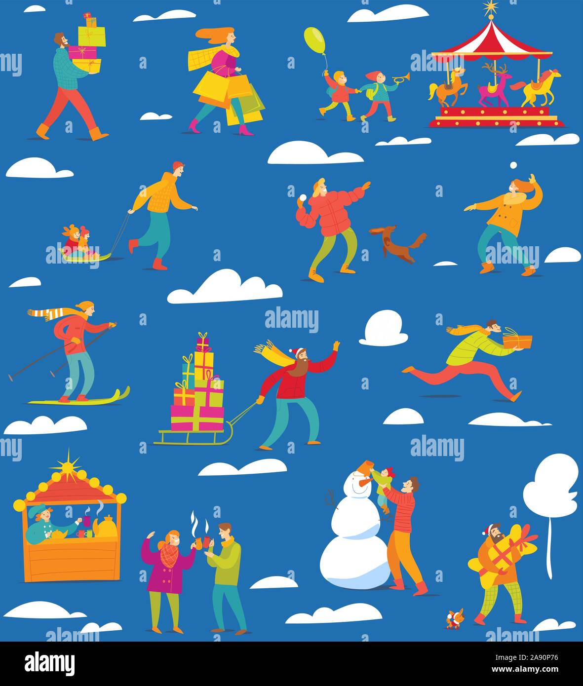 Winter seamless pattern with flat style people for Christmas Stock Vector