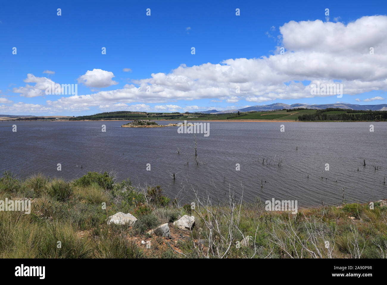 The Theewaterskloof dam near Villiersdorp in the Western Cape Province of South Africa showing recovery of the water level after the recent drought. Stock Photo