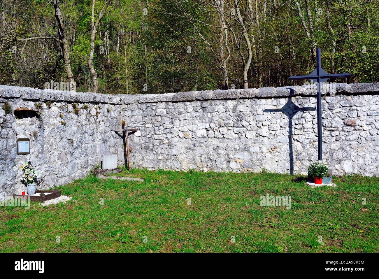 Friuli Venezia Giulia, Italy. Pozzis is a little village along the Arzino stream. The little cemetery. 50/5000  The village was uninhabited until a few years ago. Today it is inhabited by an artists community, Stock Photo