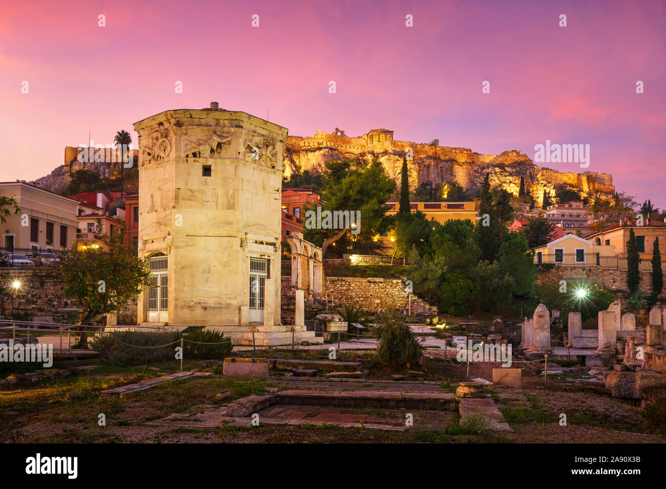 Remains of Roman Agora and Acropolis in the old town of Athens, Greece. Stock Photo