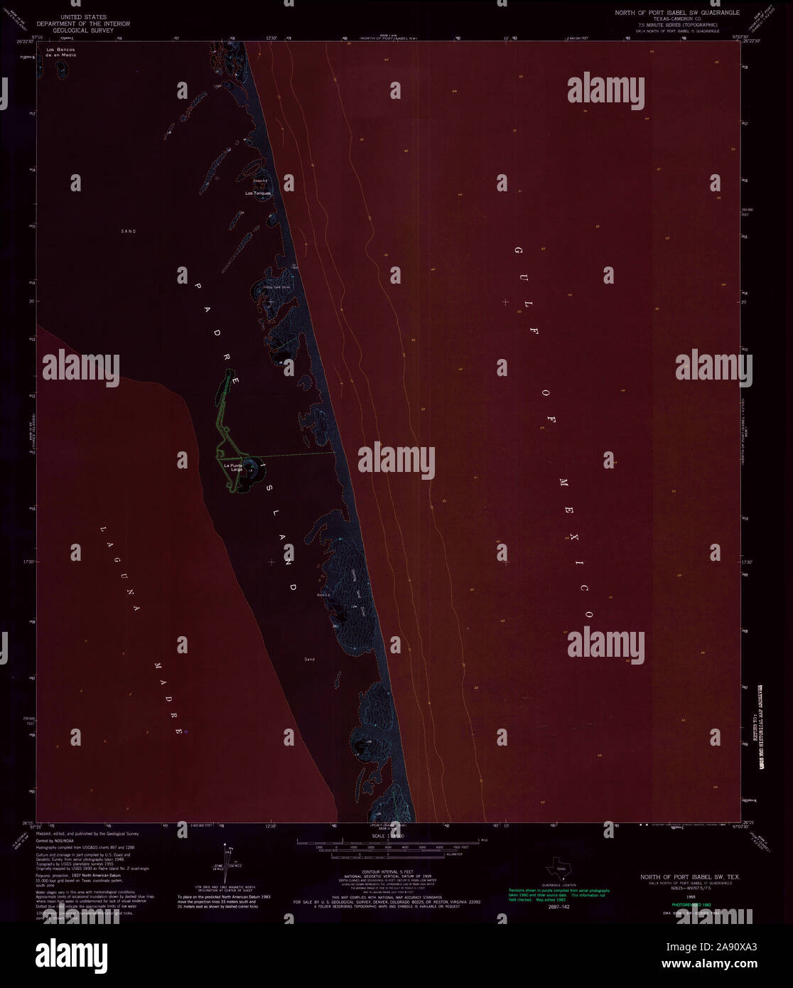 USGS TOPO Map Texas TX North Of Port Isabel SW 114738 1955 24000 Inverted Restoration Stock Photo