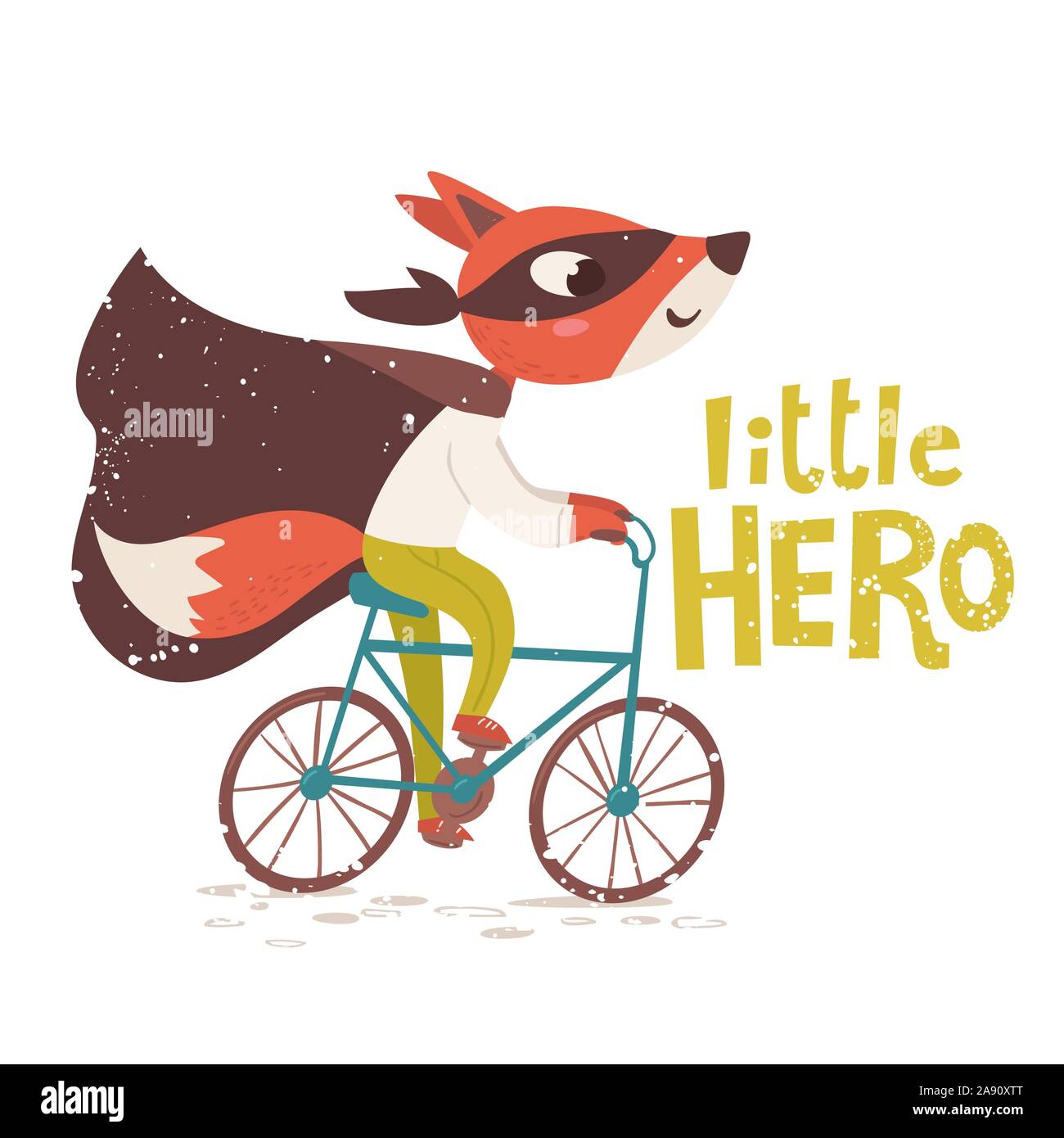 Vector card with Little hero lettering and fox riding a bike Stock