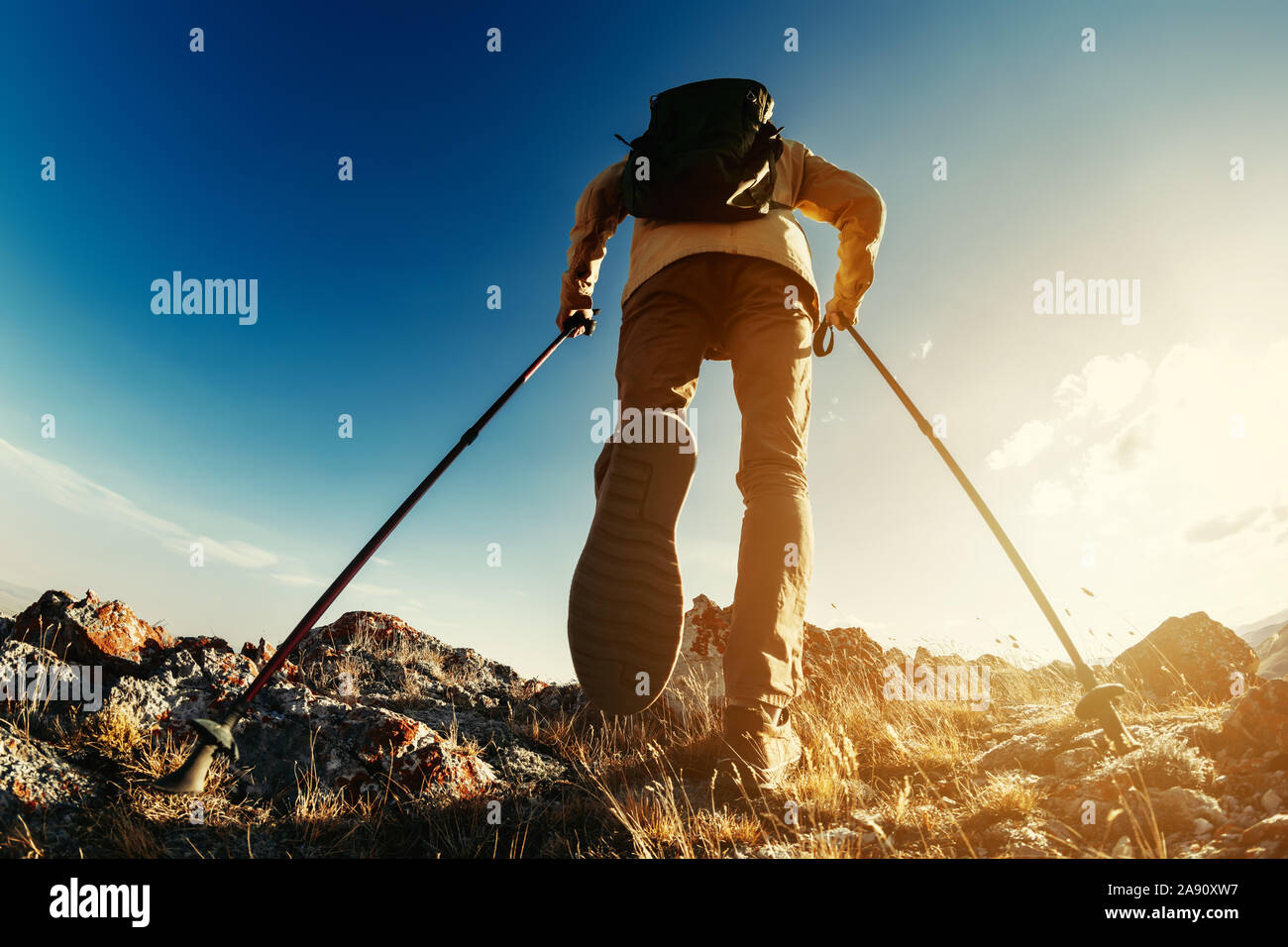 Hiker goes with trekking poles uphill against sunset sky and sun. Hiking concept Stock Photo