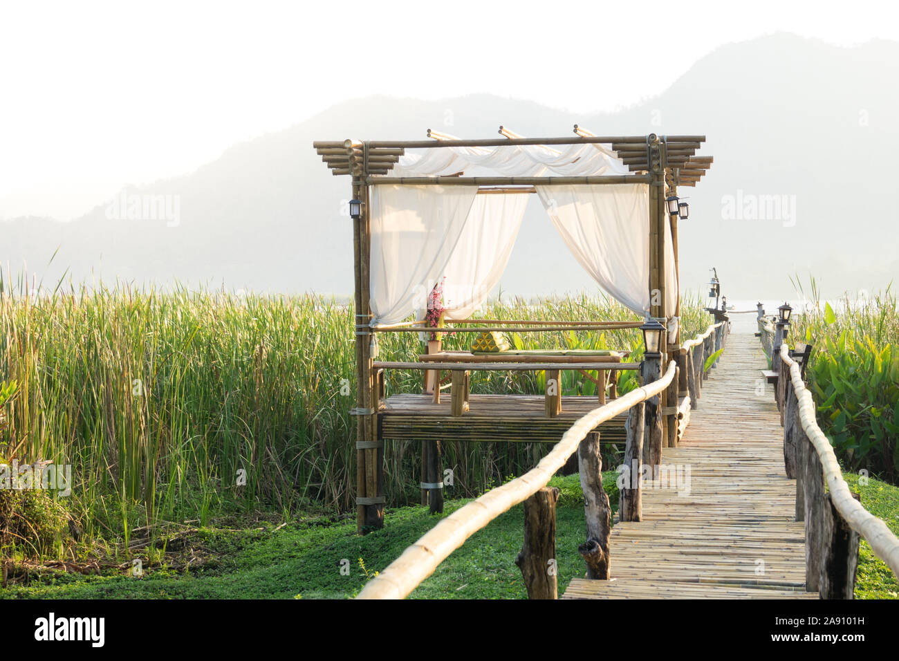 The resting huts constructed from bamboo and thatched roofs for relaxing Stock Photo