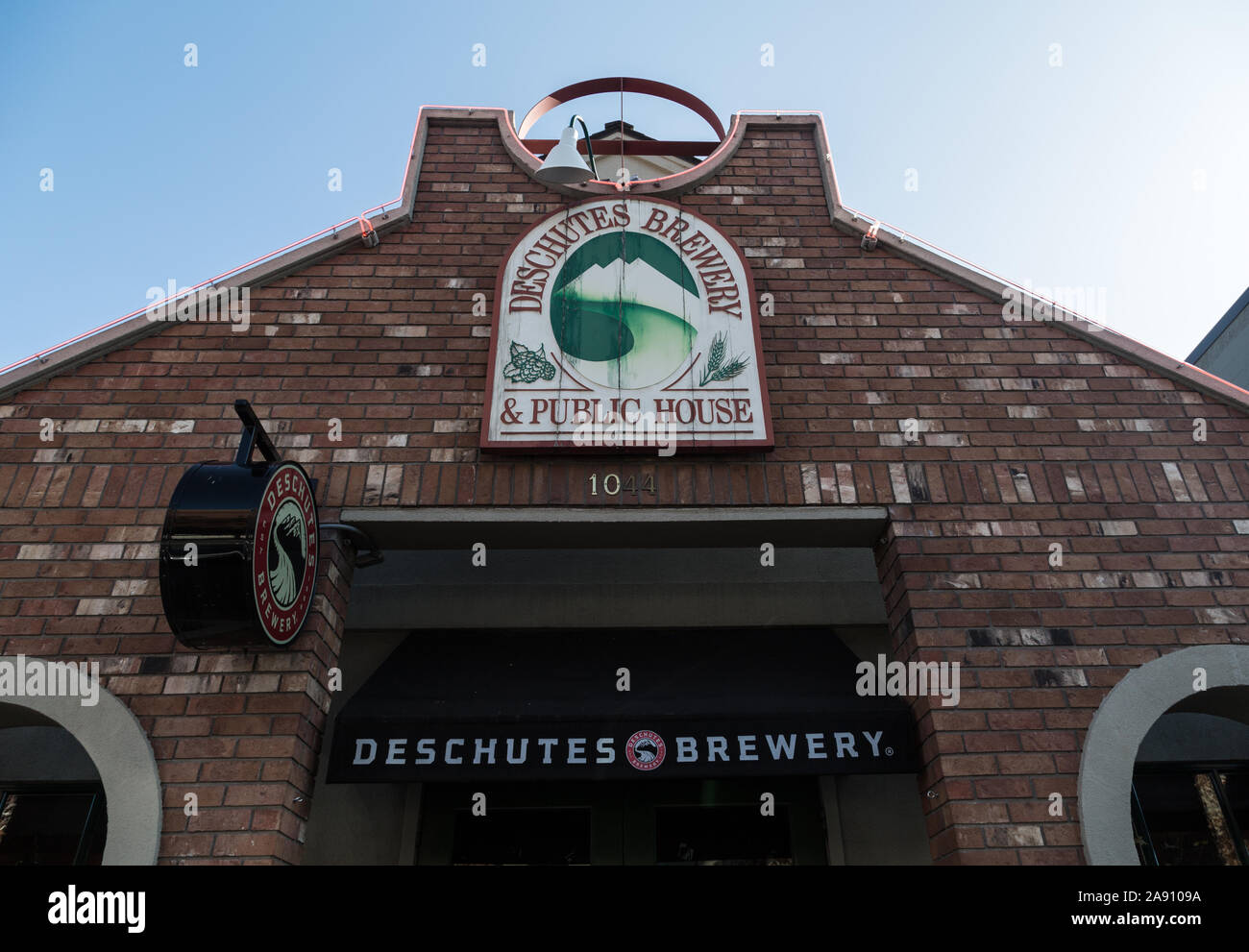 The front facade, sign and awning of Deschutes Brewery, one of the most