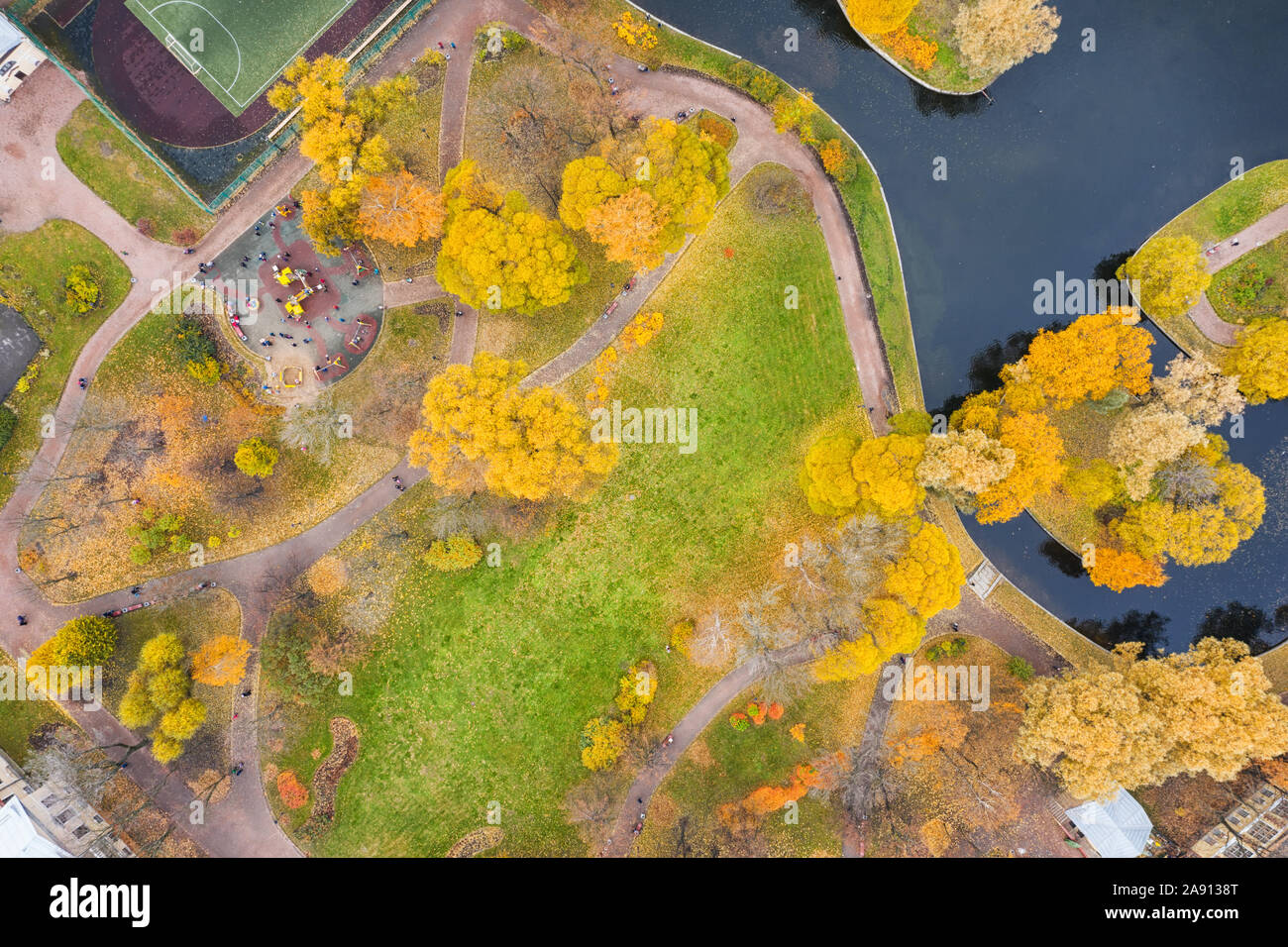 Bright yellow autumn city park top aerial view Stock Photo - Alamy