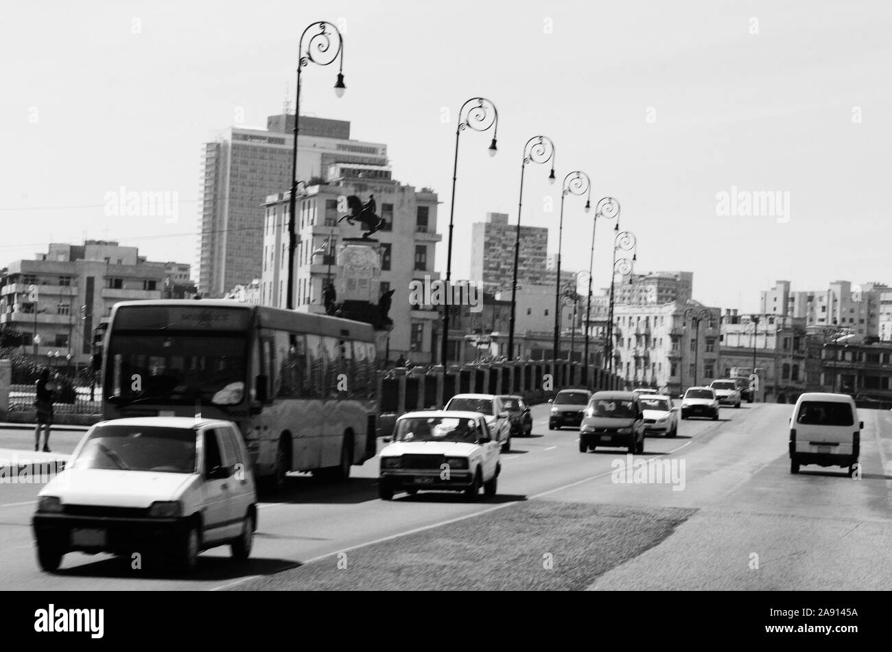 Cuba: More and more traffic and rush hours in Havanna City at the Malecon Stock Photo