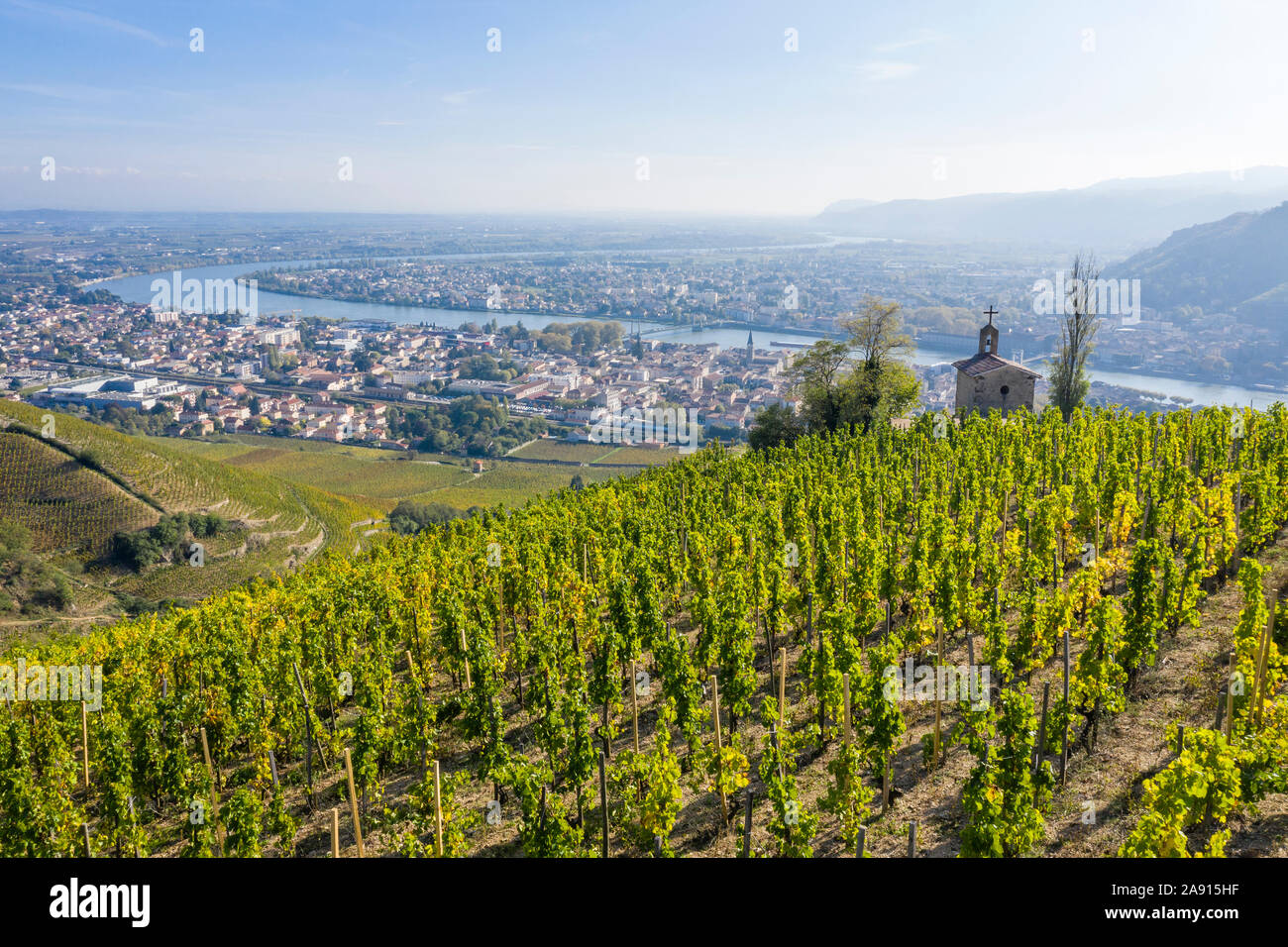 France, Drome, Tain l'Hermitage, AOC vineyard of the Rhone valley, view from the hill and Hermitage vineyard,  Saint Christophe chapel // France, Drôm Stock Photo