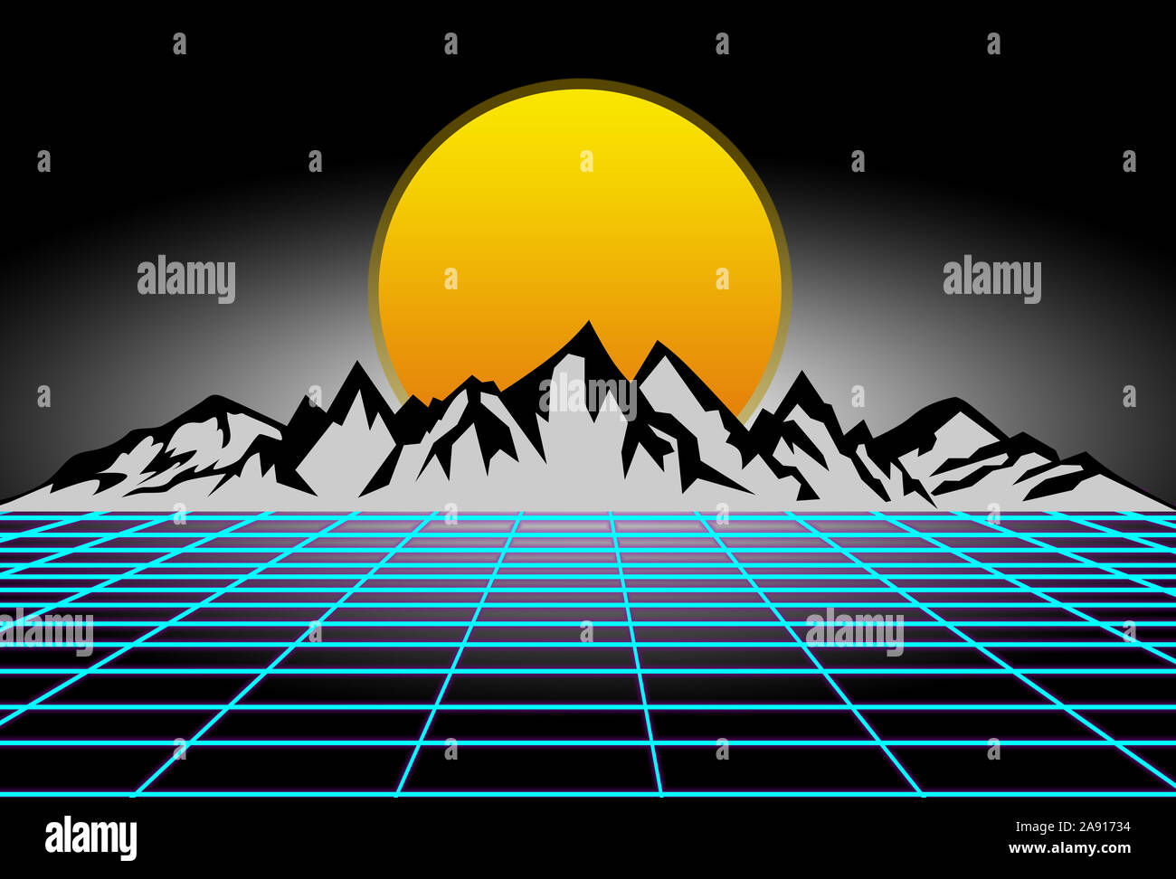 80s Style Sci Fi Black Background With Yellow Sunset Behind White Mountains Futuristic Illustration Or Poster Template Synthwave Banner Stock Photo Alamy