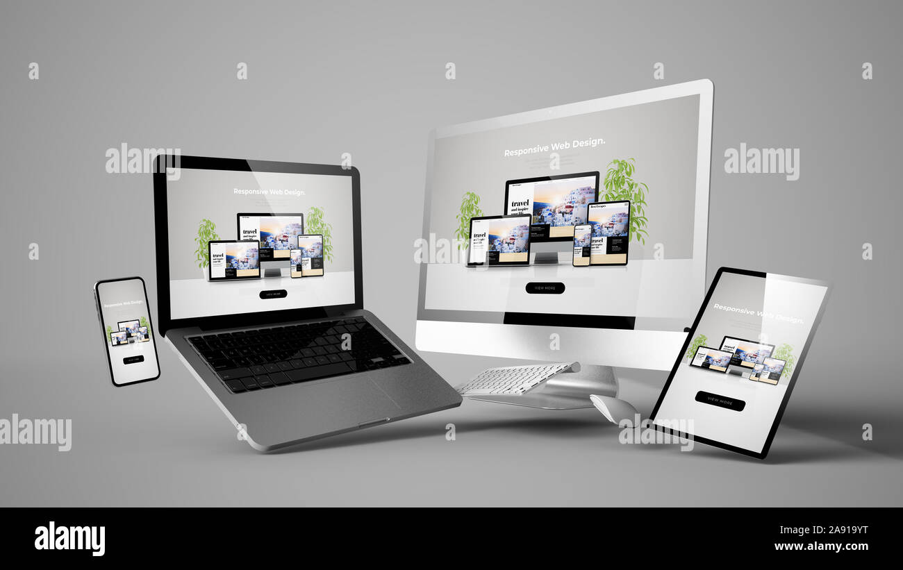 floating devices mockup with responsive website design 3d rendering