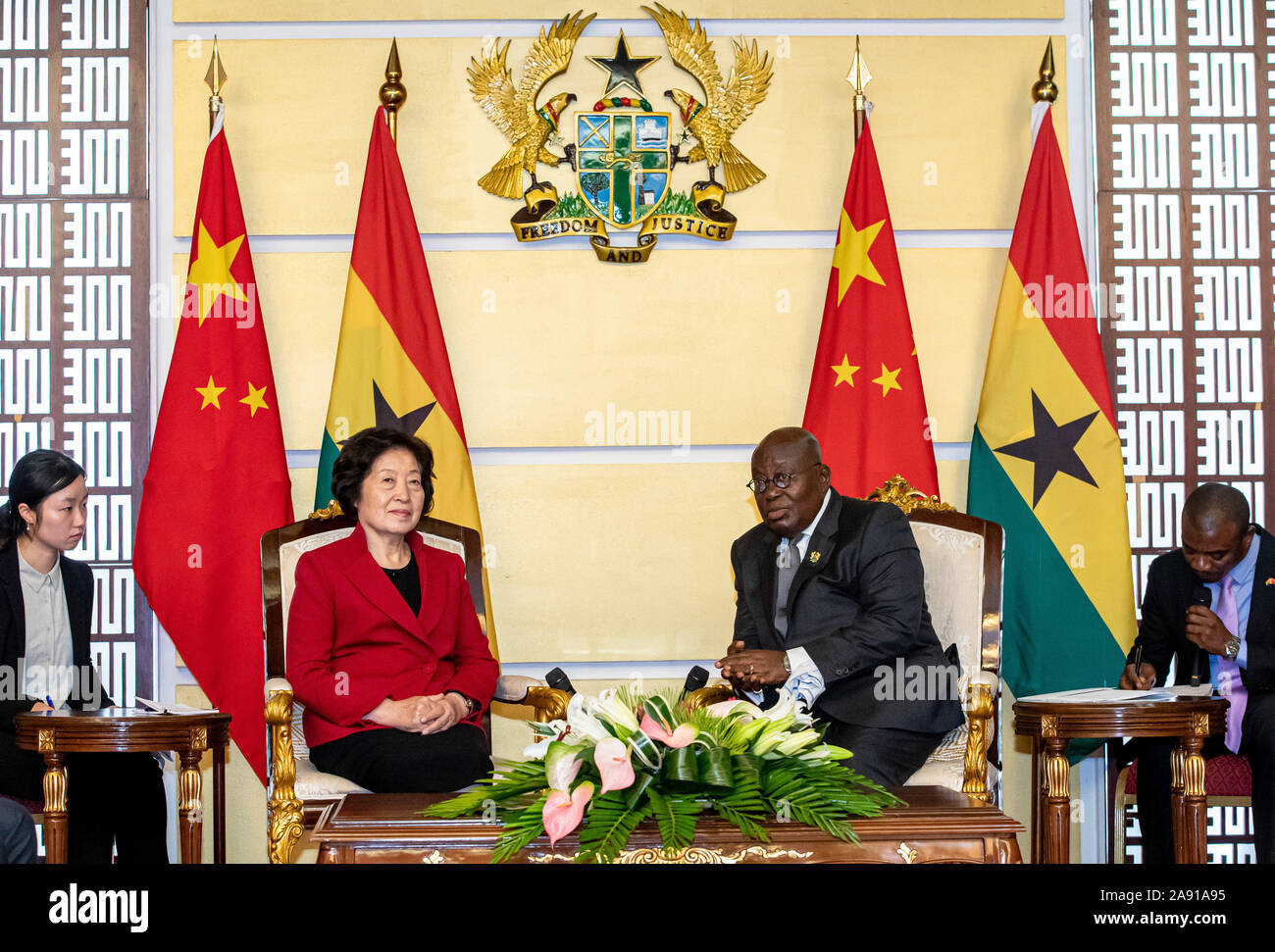 Accra. 10th Nov, 2019. Ghana's President Nana Akufo-Addo (2nd R) meets with visiting Chinese Vice Premier Sun Chunlan in Accra Nov. 10, 2019. Credit: Zhang Yu/Xinhua/Alamy Live News Stock Photo