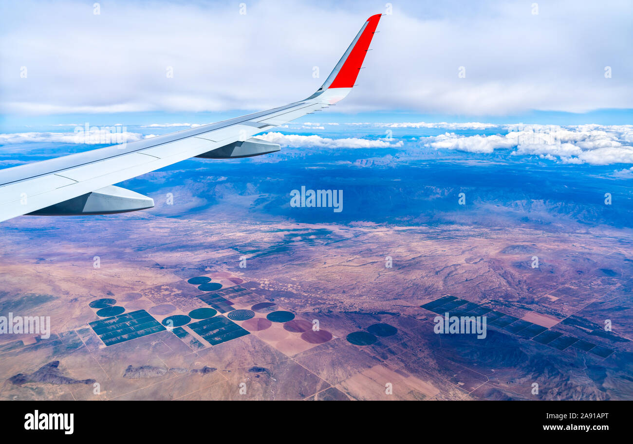 Flying above circular fields in Arizona, USA Stock Photo