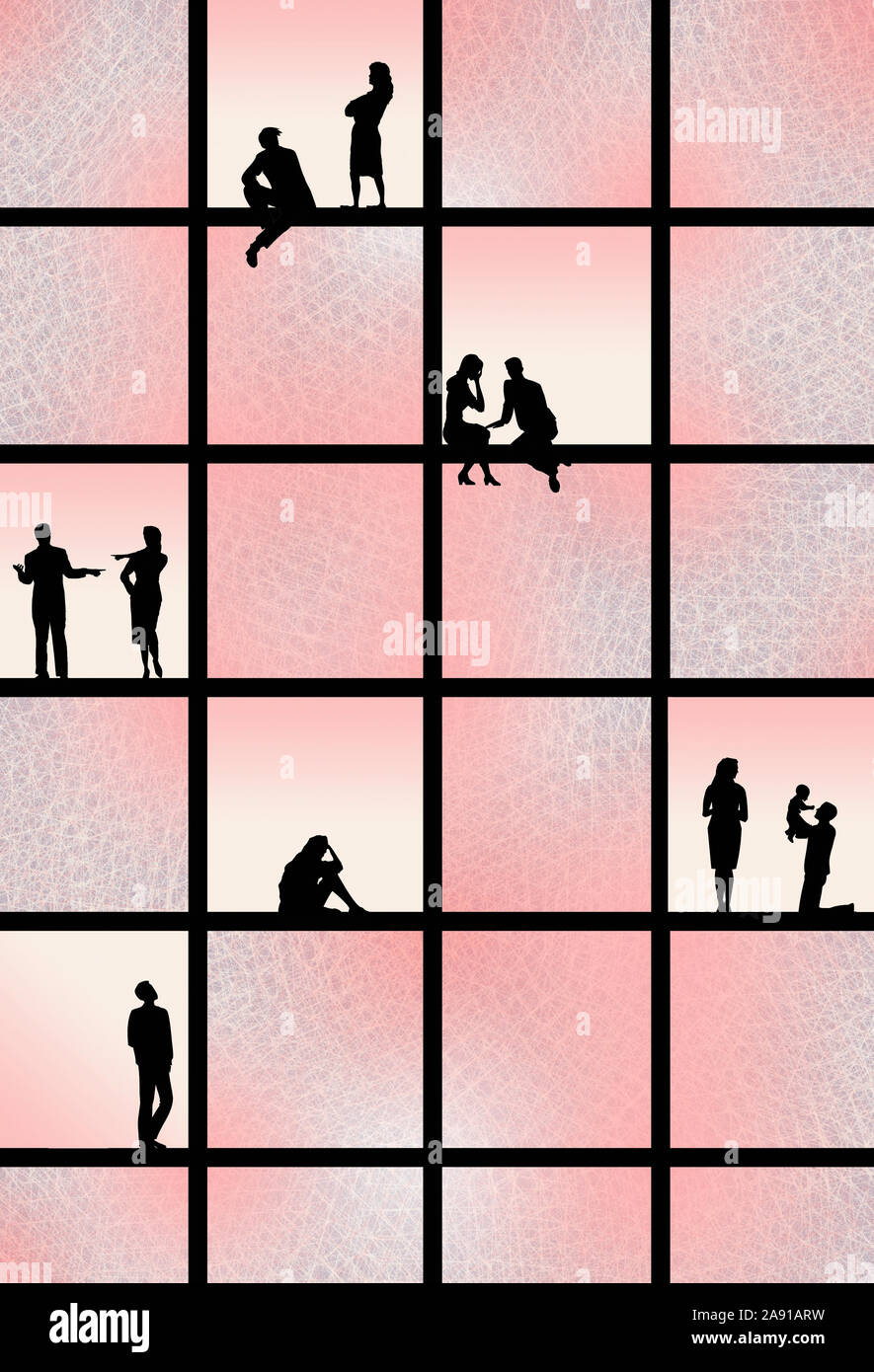 Scenes of relationships silhouetted in window panes Stock Photo