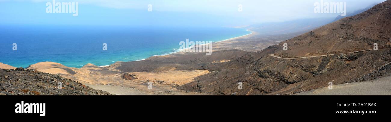 Aerial panoramic view of the beautiful Cofete beach on Fuerteventura island, Spain. Stock Photo