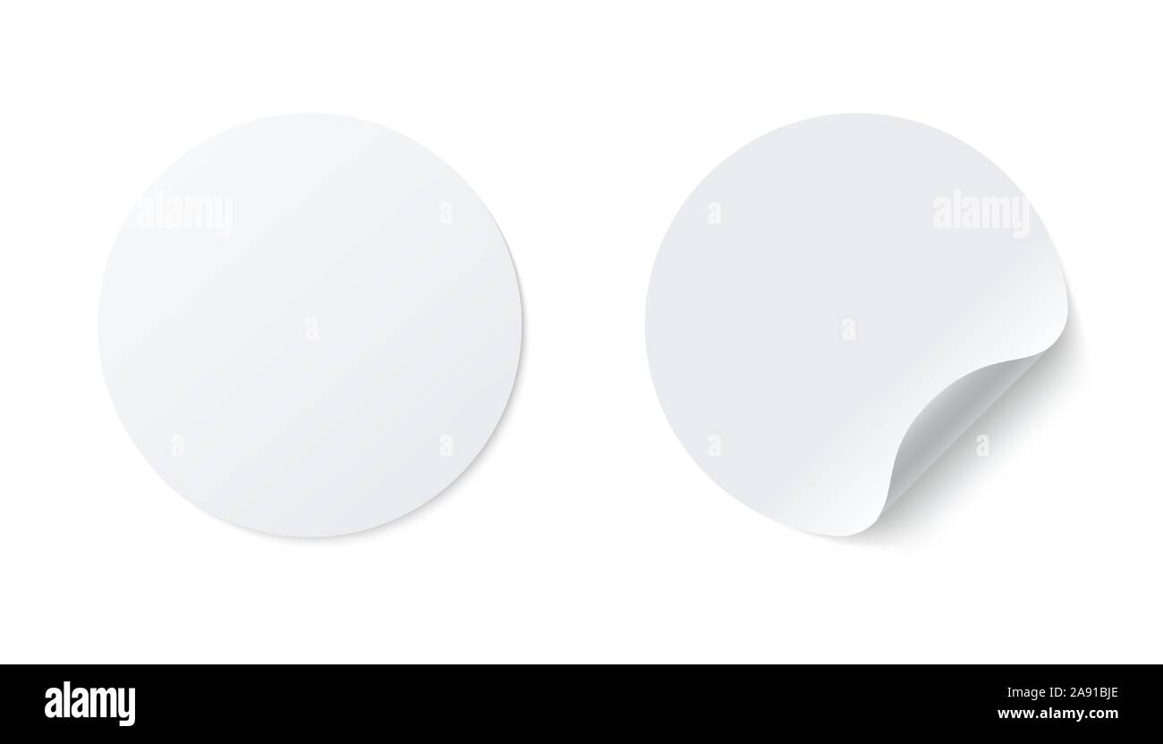 Realistic template of white round paper adhesive sticker with curved