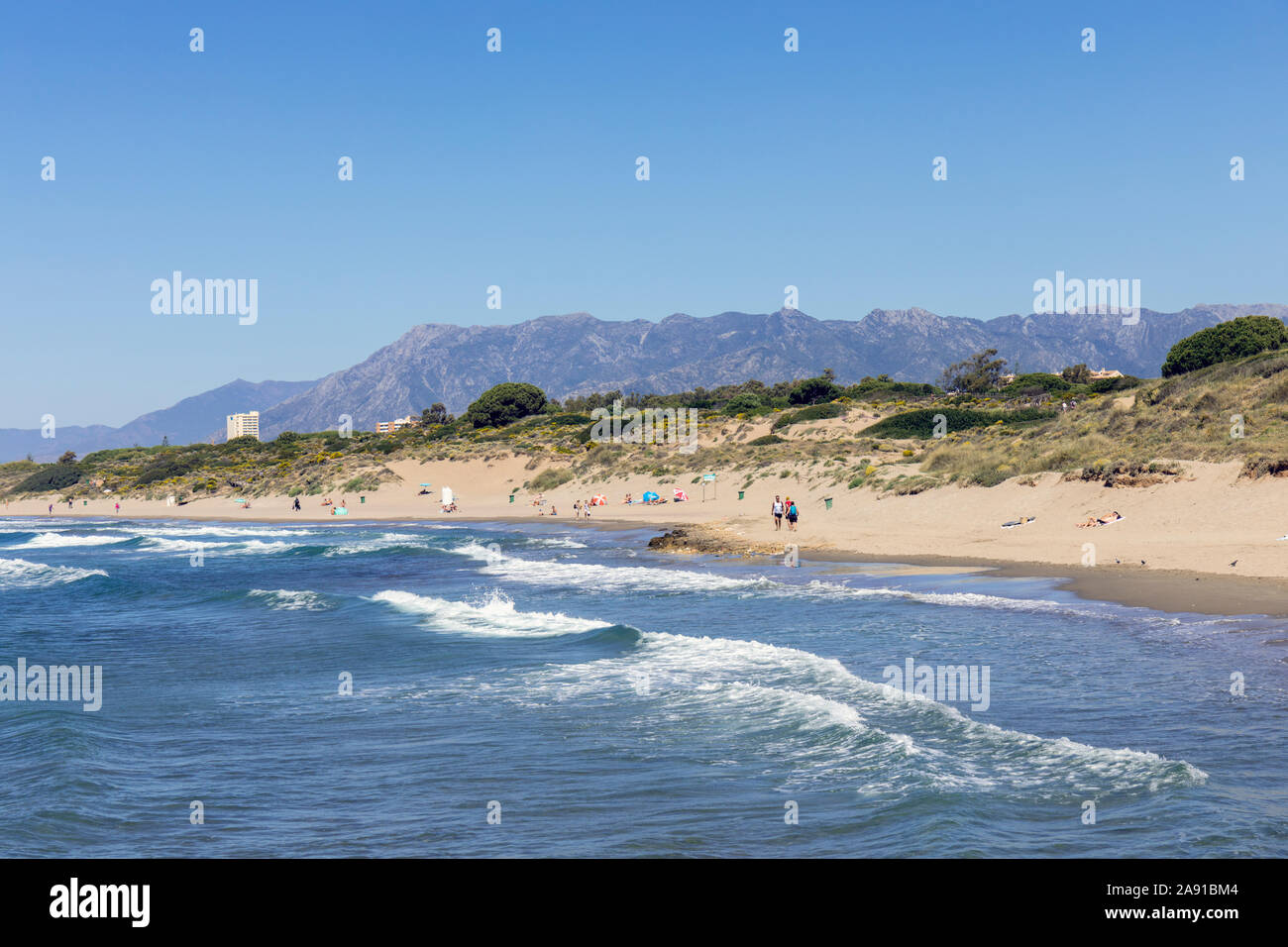 Beach at Dunas de Artola, also known as Dunas de Cabopino.  The dunas, or dunes, are designated as a Natural Monument and are protected.  At Cabopino, Stock Photo