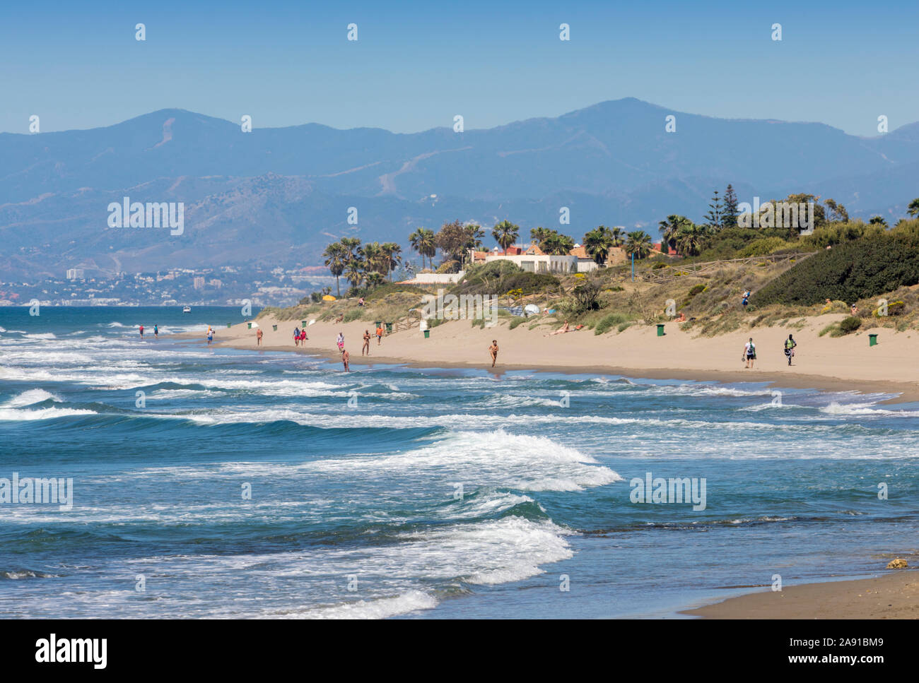 Nudist beach at Dunas de Artola, also known as Dunas de Cabopino.  The dunas, or dunes, are designated as a Natural Monument and are protected.  At Ca Stock Photo