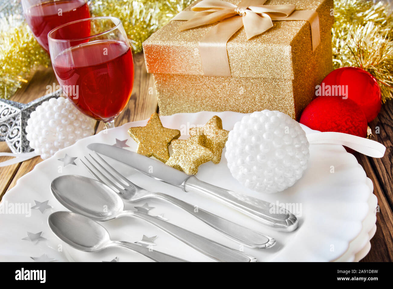 Christmas dinner table decotaion Stock Photo