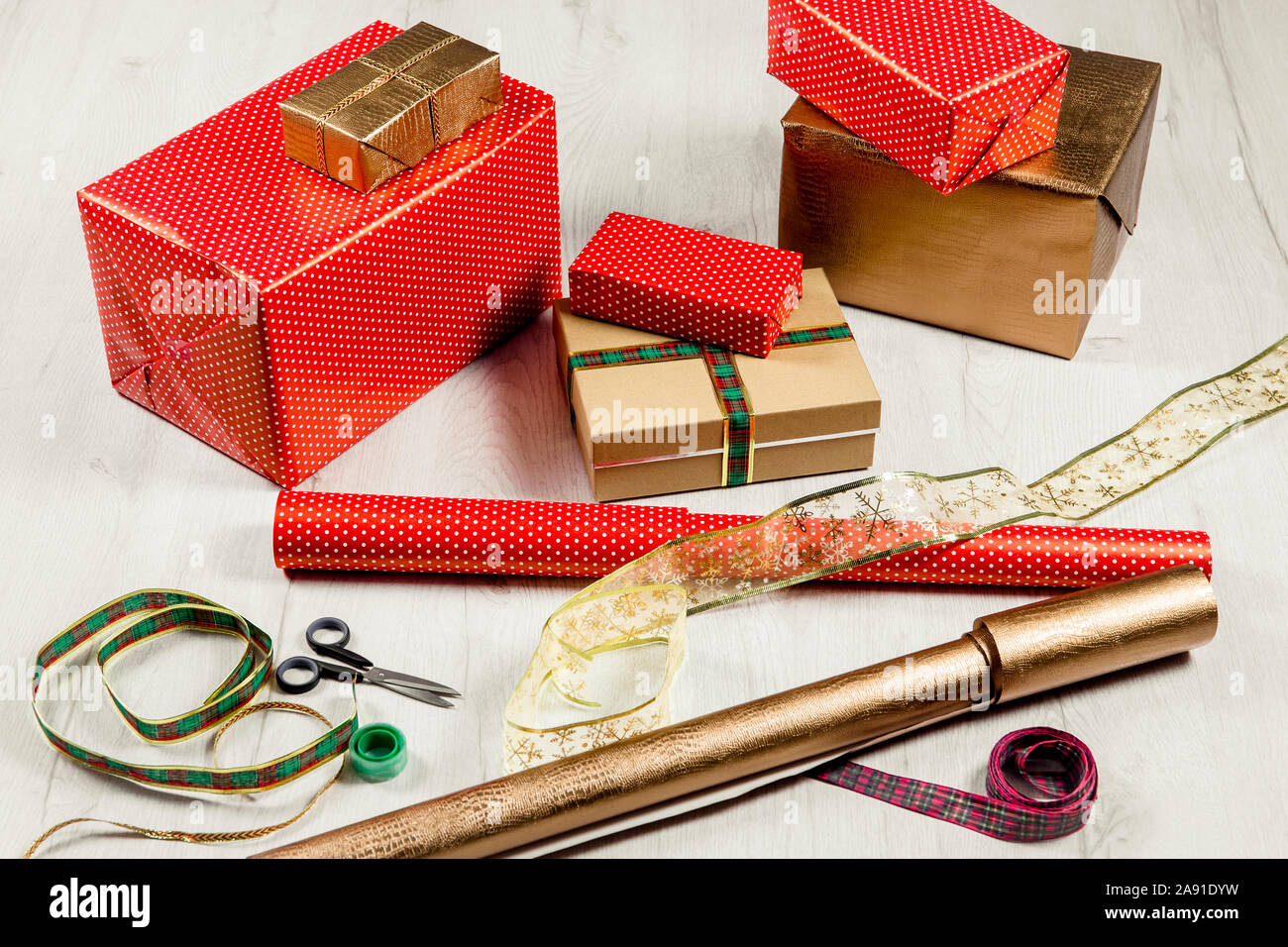 Wrapping Paper, Scissors, Tape And Ribbon With Christmas Tree Stock Photo,  Picture and Royalty Free Image. Image 32625021.