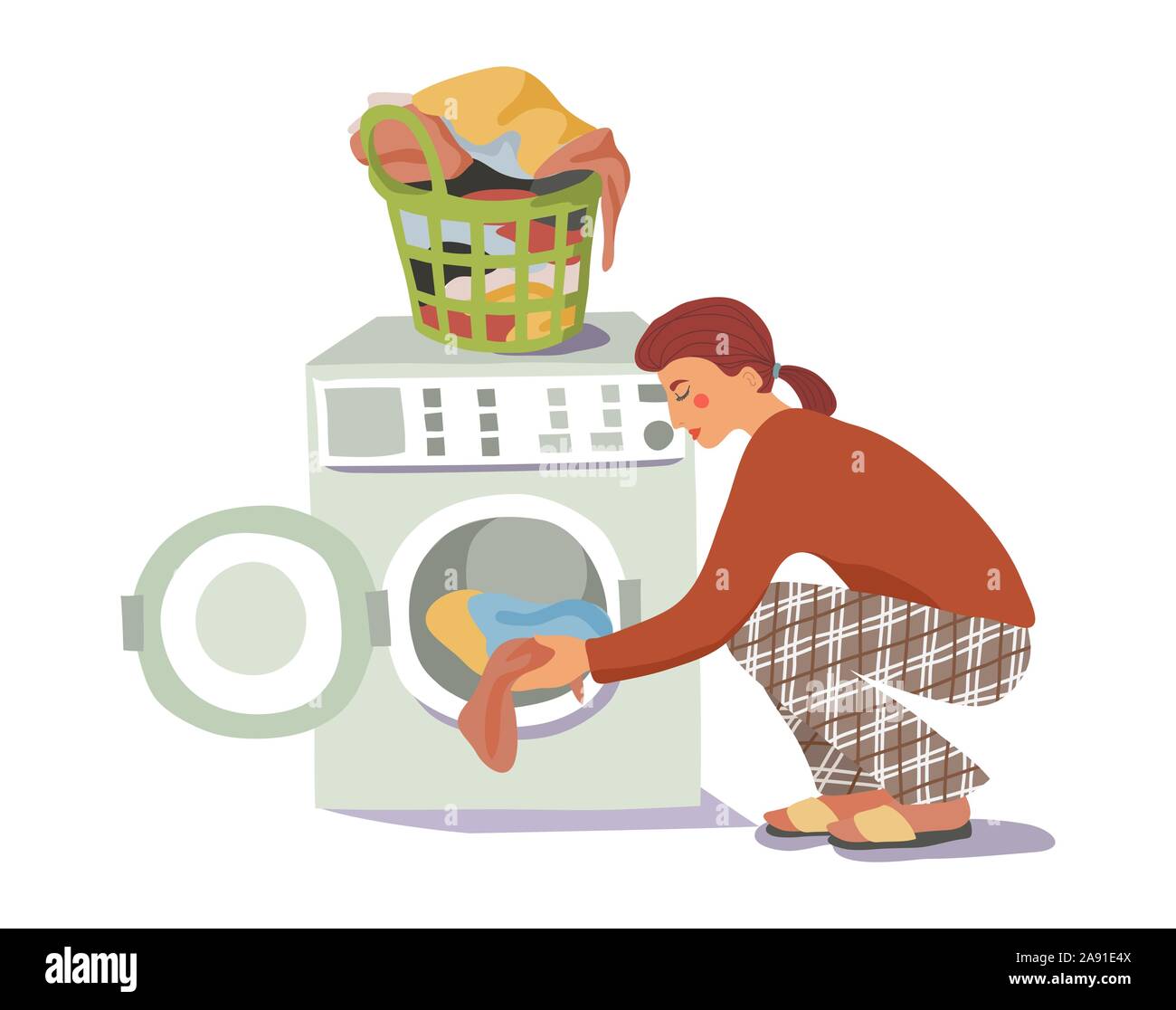 The girl loads the dirty laundry into the washing machine. Woman washes. Hand-drawn vector flat cartoon illustration. Stock Vector